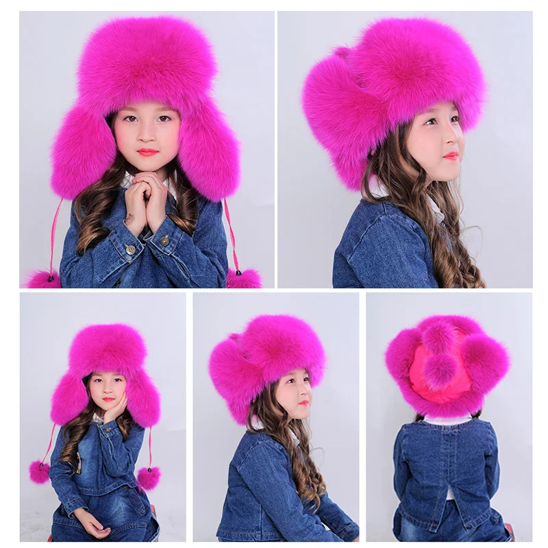 100% Real Fox Fur Hats Russian Ushanka Aviator Trapper Snow Ski Hat Earflap Caps Winter Raccoon Fur Bomber Children\'s Warm Hat