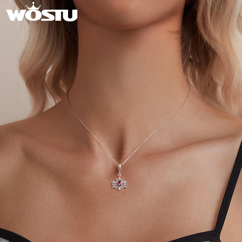 WOSTU 925 Sterling Silver Pink Heart Charms Lover Couple Wedding Pendant Opal Beads Fit for Original Bracelet DIY Valentine Gift