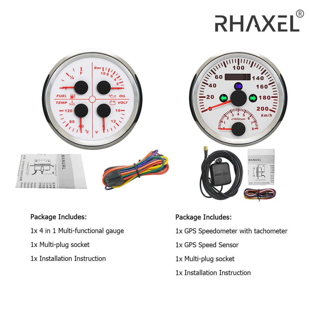 

RHAXEL Gauge Set 2in1 GPS Speedometer 200km/h with Tachometer 8000RPM 4in1 Multi-Function Gauge Fuel Level 0-190ohm for Car RV