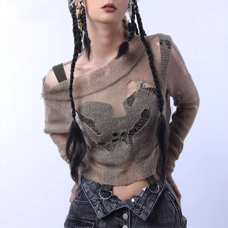 Y2k Aesthetics Hole Broken Gothic Pullover Women Harajuku Hollow Out Knitted Sweaters Girl Korean Fashion Punk Style Thin Jumper