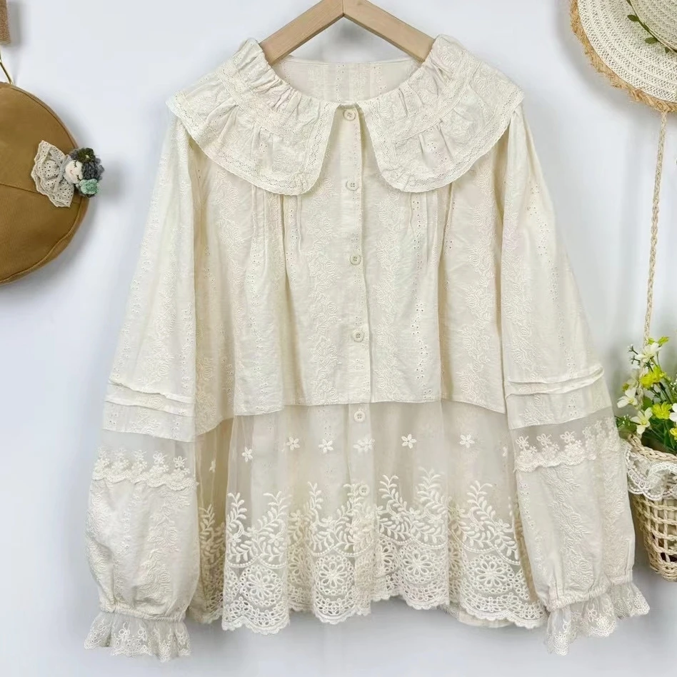 Rococo Victorian Vintage Cotton Lace Embroidery Patchwork Shirt 2024 Summer Ruffled Collar Organza Cottage Core Retro Chic Tops