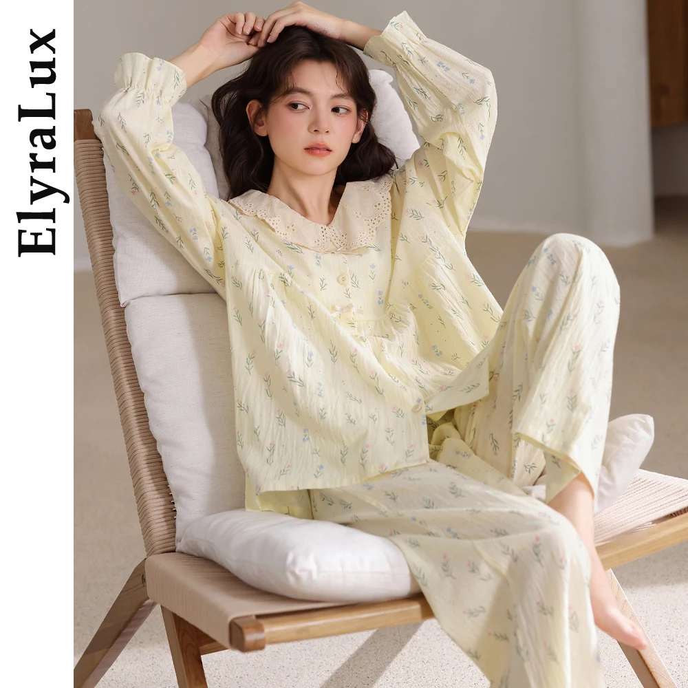 

ElyraLux Women’s Floral Long Sleeve Pajama Set with Lace Collar & Button Front, Soft Sleepwear with Long Pants for Cozy Nights