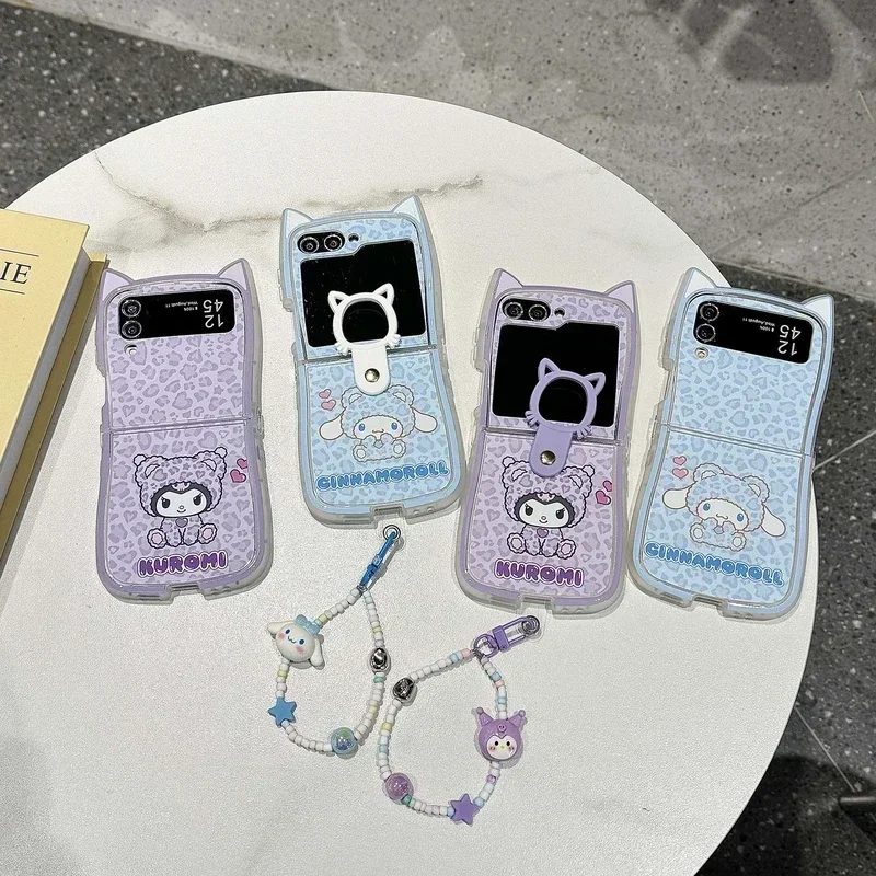 リングホルダー付きのかわいい漫画の電話ケース,ソフトTPUカバー,ヒョウ柄のsanrio kuromi cinnamoroll,samsung galaxy z flip 6 5 4 3