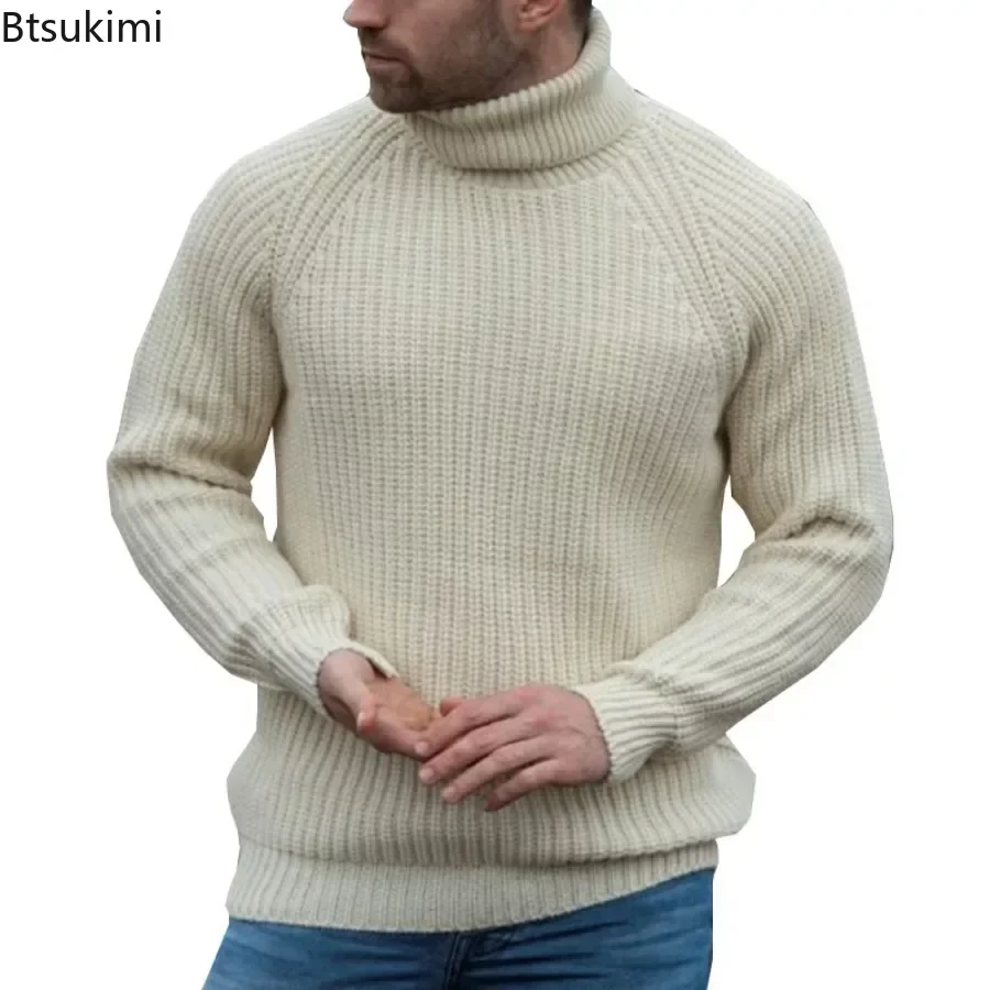 2024Men\'s Thick Warm Turtleneck Sweater Solid Autumn Winter Retro Knitted Sweaters Simple Men Elastic Pullovers Loose Casual Top