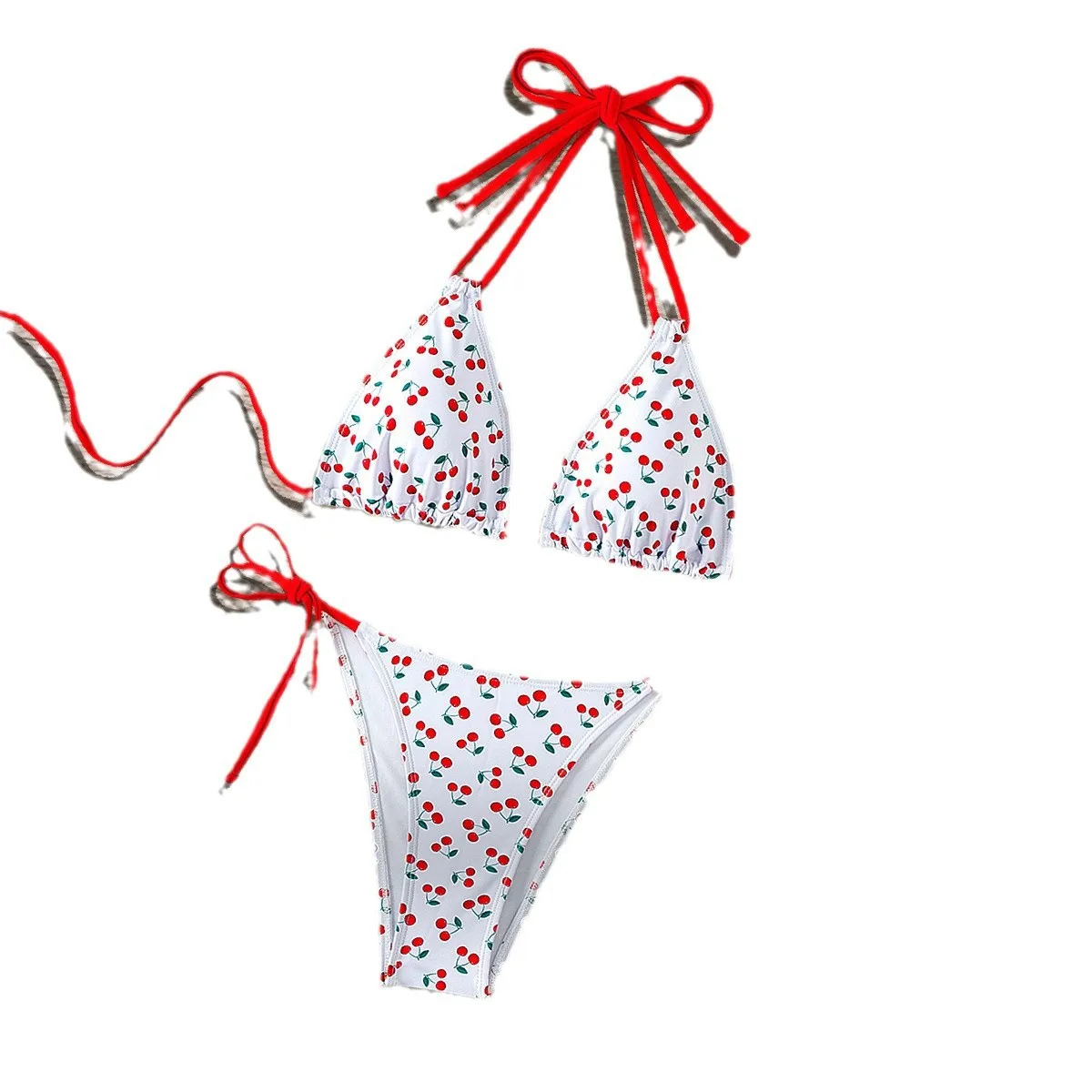 Hot Sale Cherry Printed Neck Strap Halter Sweet Bikini Swimsuit Swimwear Women's 2025 New