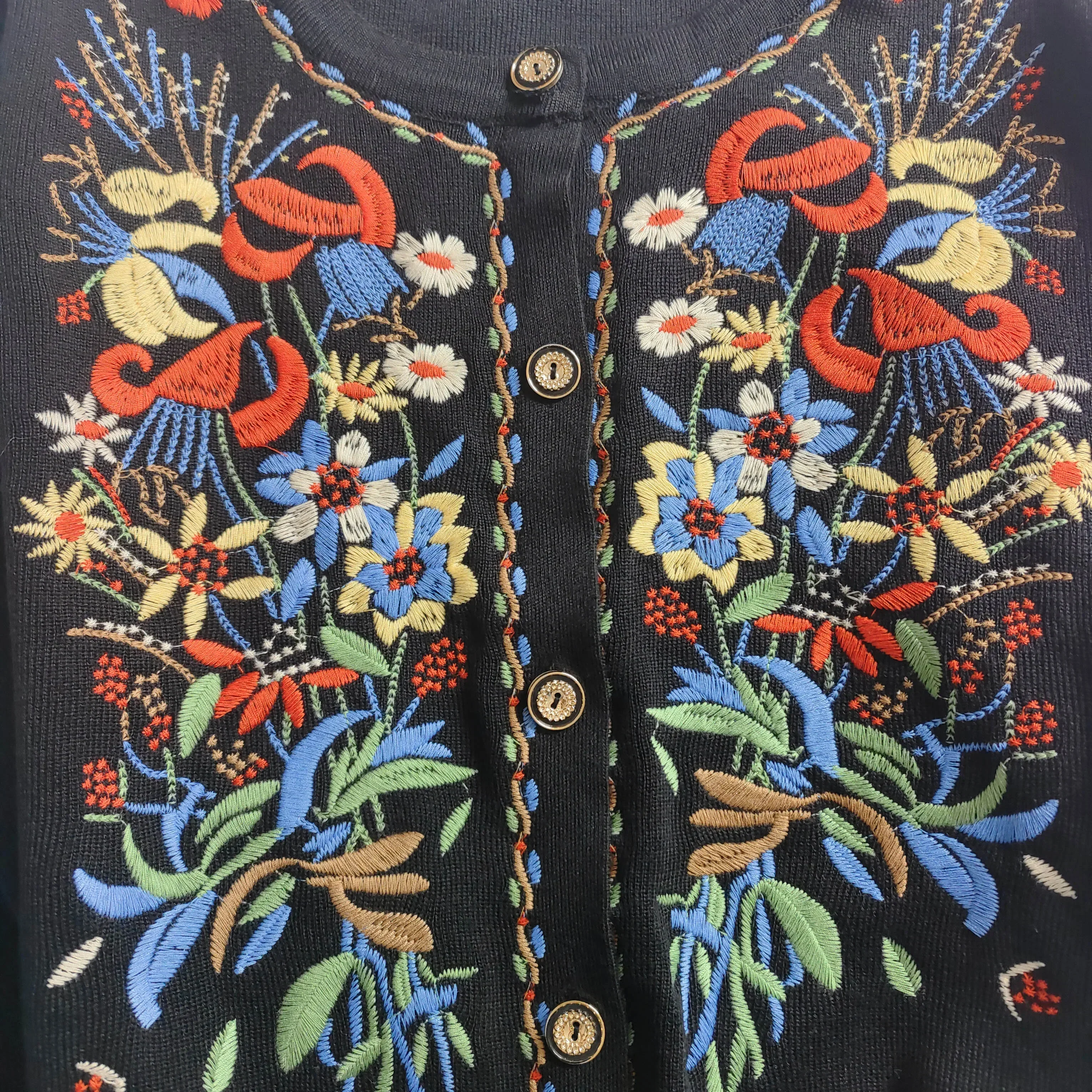 Black Ethnic Floral Embroidey Sweaters Cardigan For Women Jackets Vintage Long Sleeve Autumn Knitted Pulls Boho Ladies Outwear