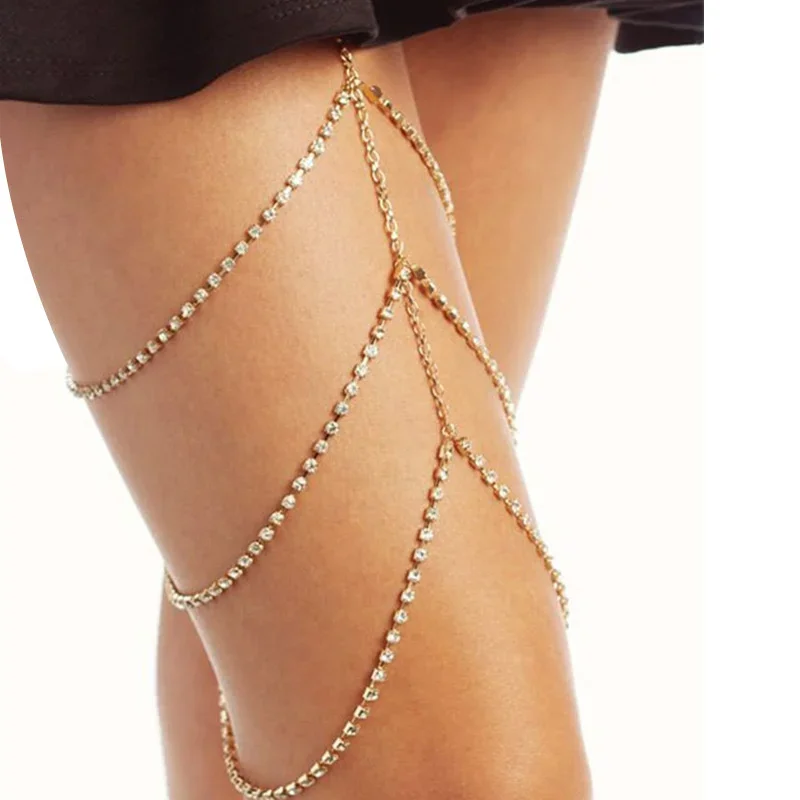 New sexy gold color leg chain women simple multilayer tassel elastic band leg thigh chain women adjustable beach body jewelry