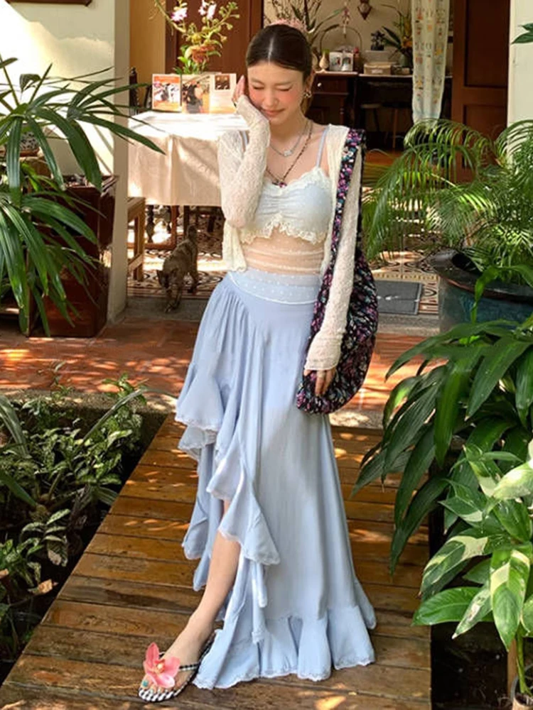 Irregular Summer Women Trumpet Skirts Sexy Split Beach Holiday Casual Blue Long Skirt High Waist Korean Blue Ladies Skirt New