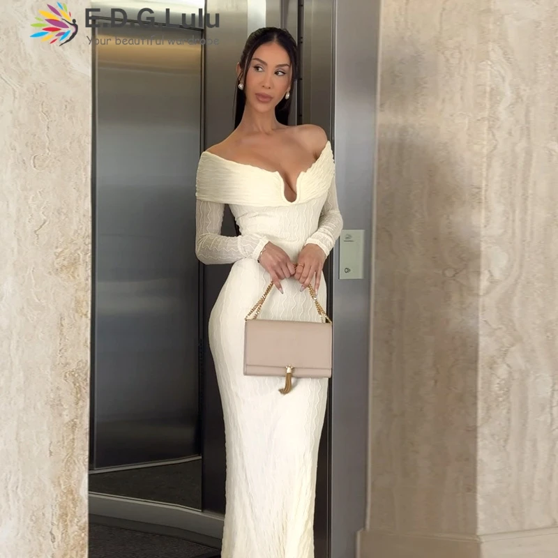 EDGLuLu Design Off Shoulder Long Sleeved Evening Dress Woman Elegant Backless Backless White Party Long Dress 1227