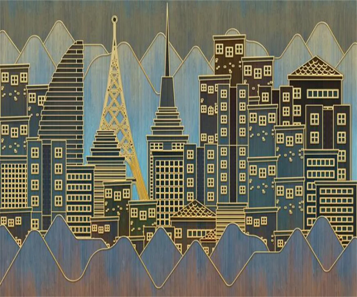 Modern simple golden lines city relief building wallpaper TV background wall paper living room decoration 3d wallpaper
