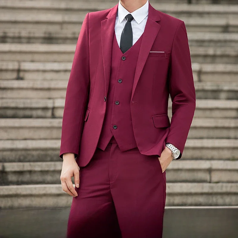 S-6XL (Blazer+ Vest+ Pants ) Men Business Formal Suit Slim Elegant 3-piece Set Black Navy Blue Wine Red Gray Suits Wedding