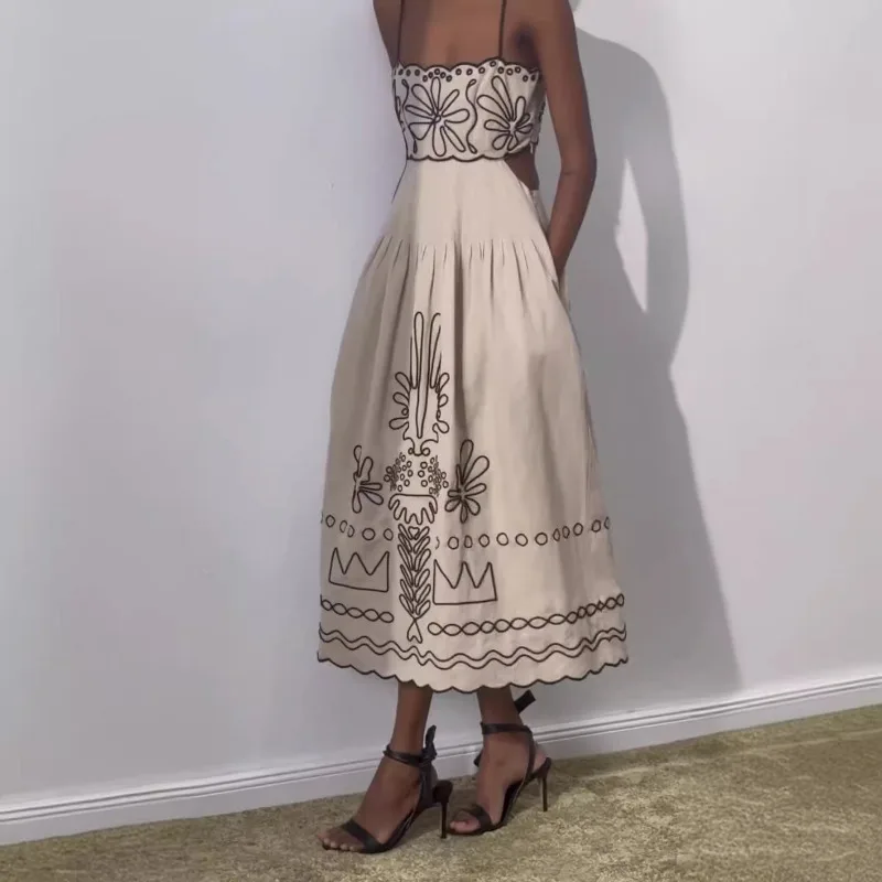 Abito estivo da donna con stampa bohémien per le vacanze, cinturino casual, senza schienale, corsetto scavato, abito da spiaggia Boho pieghettato