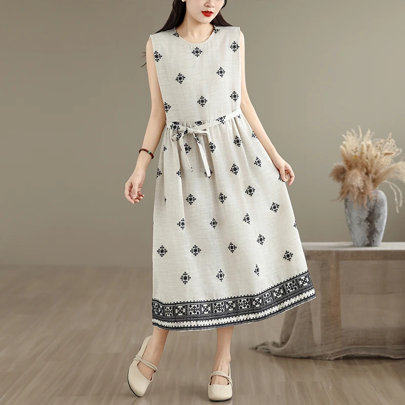 New Cotton Linen Spring Summer round Neck Sleeveless Loose Commute Elegance Dress Original Linen Color Artistic Women Mid-Len...
