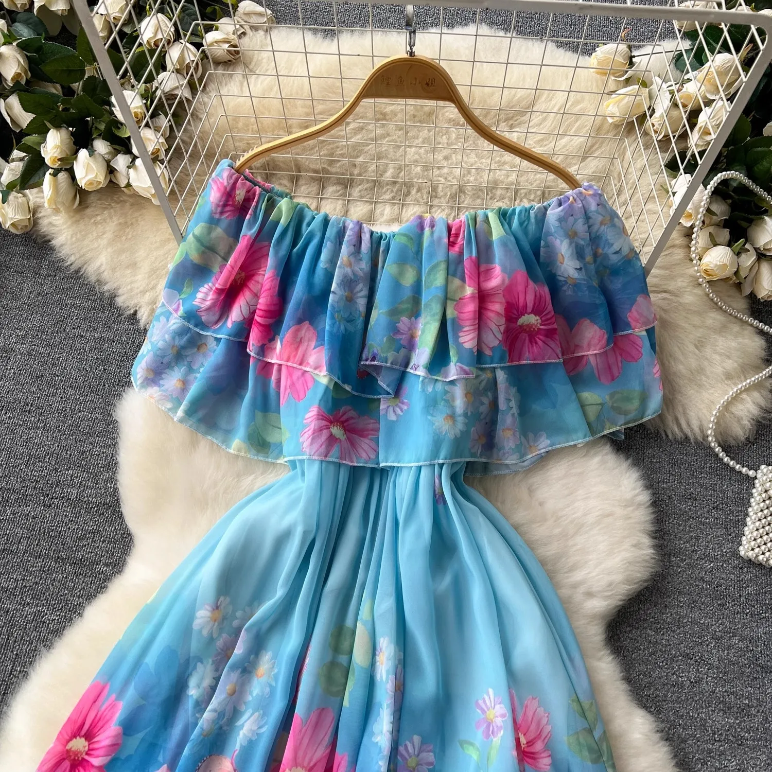 Sexy Off Shoulder Bohemian Ruches Bloem Zomerjurk Dames Slash Nek Bloemenprint Hoge Taille Boho Lange Gewaad Vestidos 2084