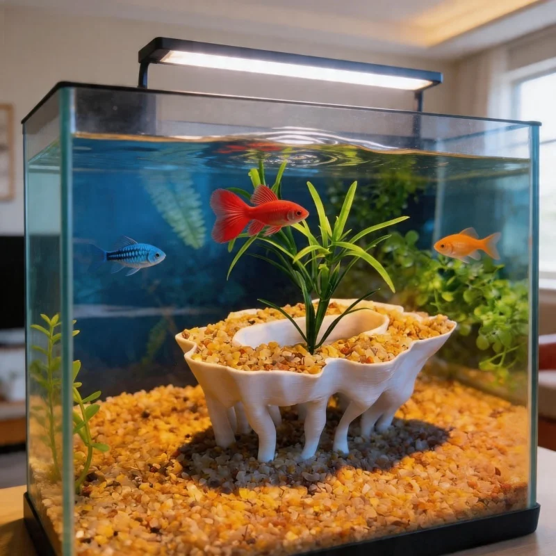 3D printed aquarium plants in the shape of tree roots, with flower pots also serving as aquarium decorations