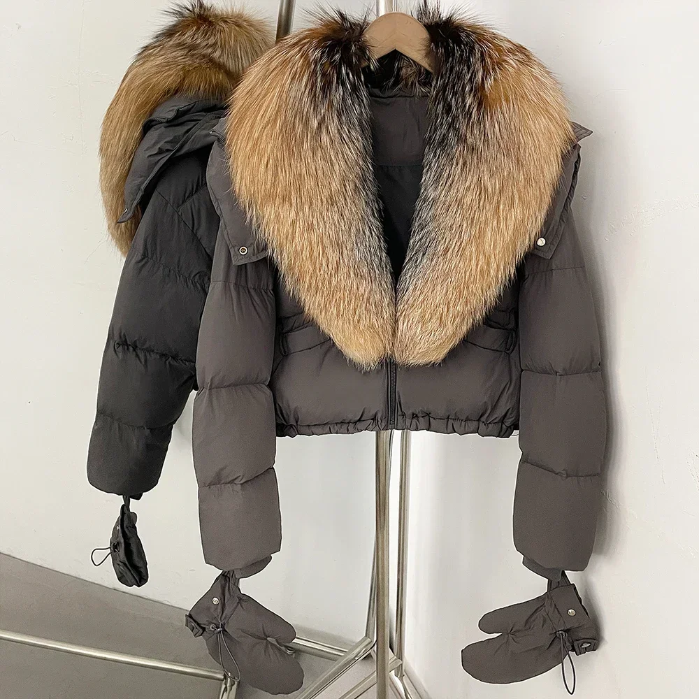 OFTBUY Neue Kurze Oberbekleidung Kapuze Entendaunen Luxus Echtfell Daunenjacke mit Abnehmbaren Handschuhen Damen Puffermantel mit Echtem Fuchsfell – Detail 19