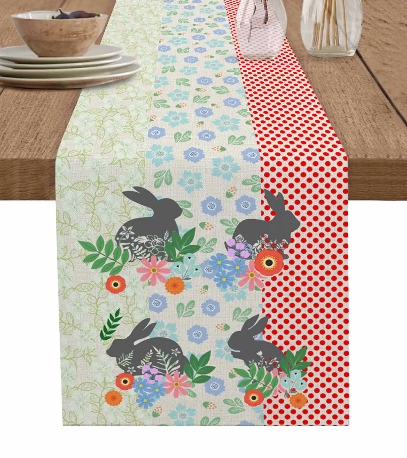 Printed Rabbit Flowers Easter Spring Table Runner Kitchen Decoration Table Cover Wedding Party Tablecloth 4/6pcs Placemats