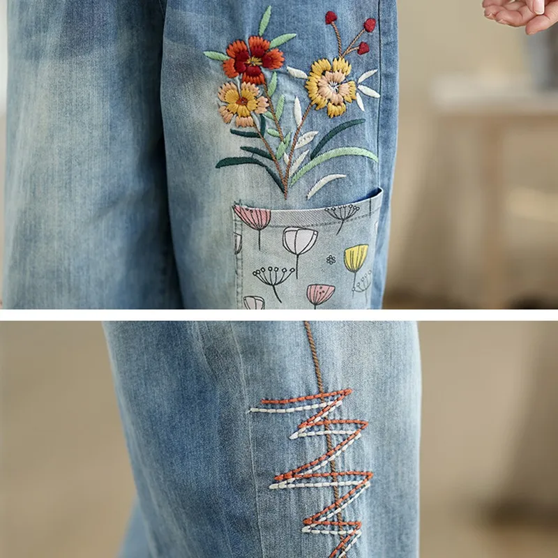 Dames Casual Jeans Nieuwe Aankomst 2024 Herfst Vintage Stijl Bloemenborduurwerk Basics Feamle Hoge Taille Denim Broek B3936