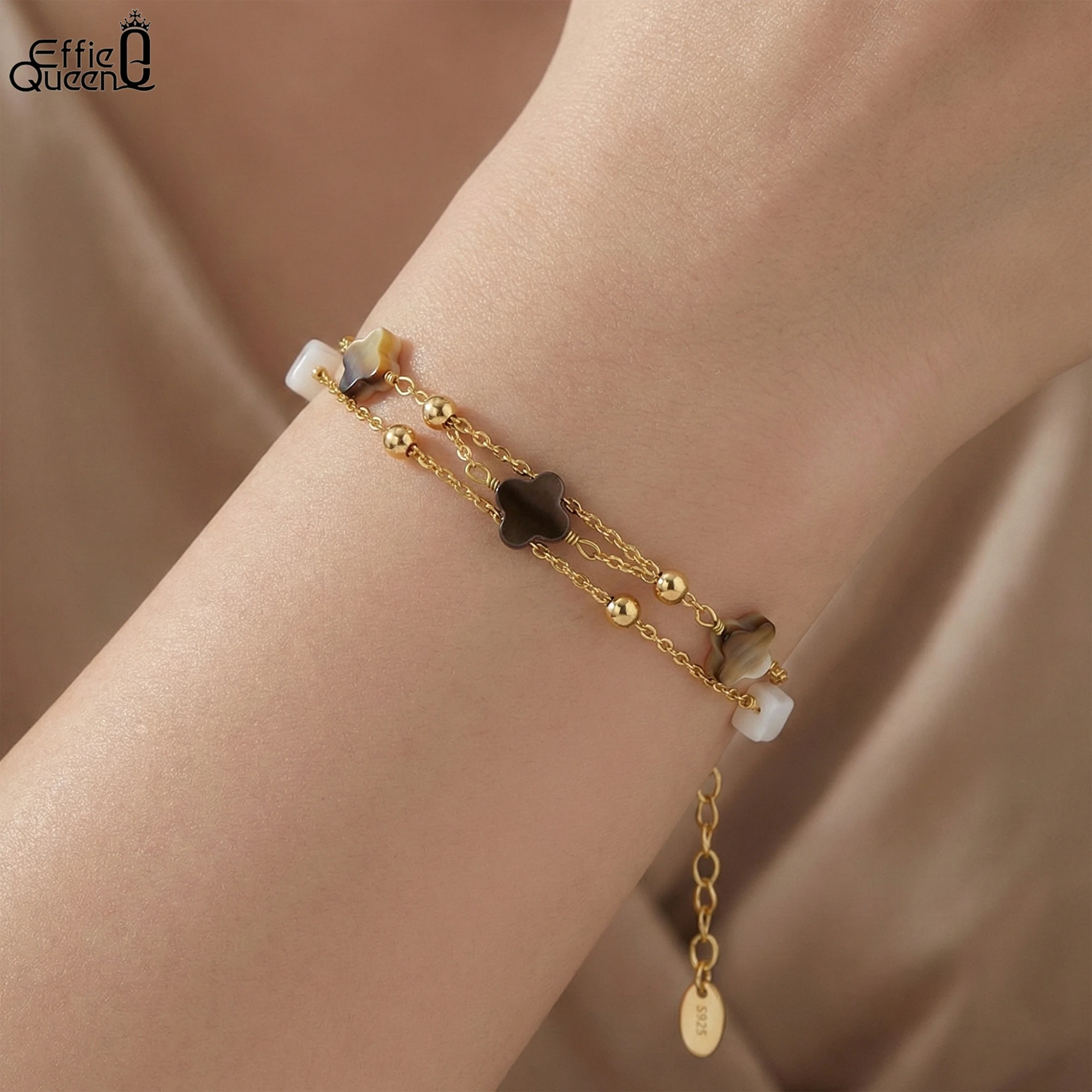 EFFIE QUEEN 925 Pure Silver 14k Gold Four Leaf Clover Chain Bracelet Lucky Jewelry for Women, Men Banquet Birthdays Gift GMB66
