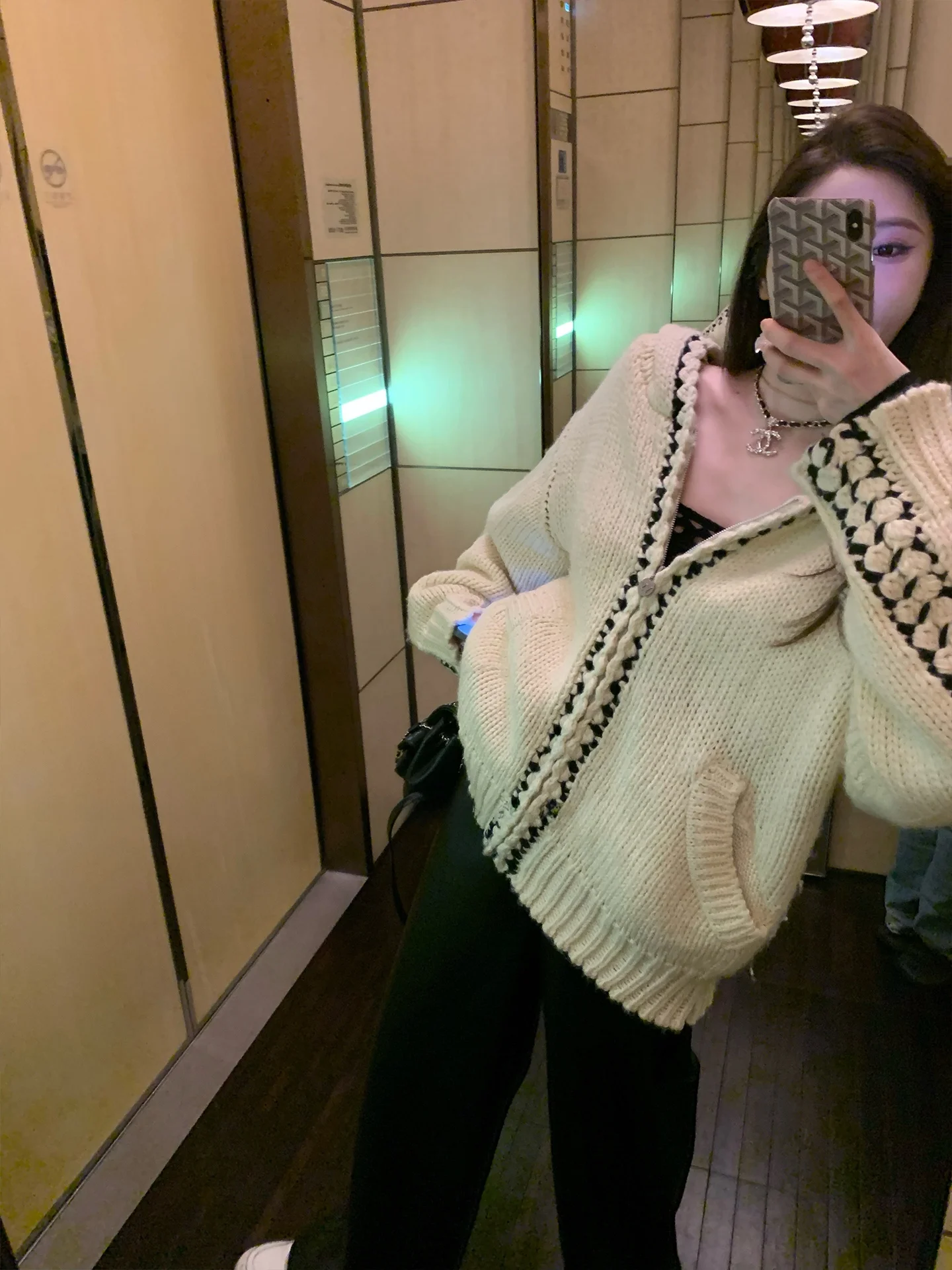 

F PROJECT Set Autumn Letter OP Wind Hooded Zipper Knitted Open Cardigan Crochet Splicing Jaet Women's Mid-Length Geometric ...