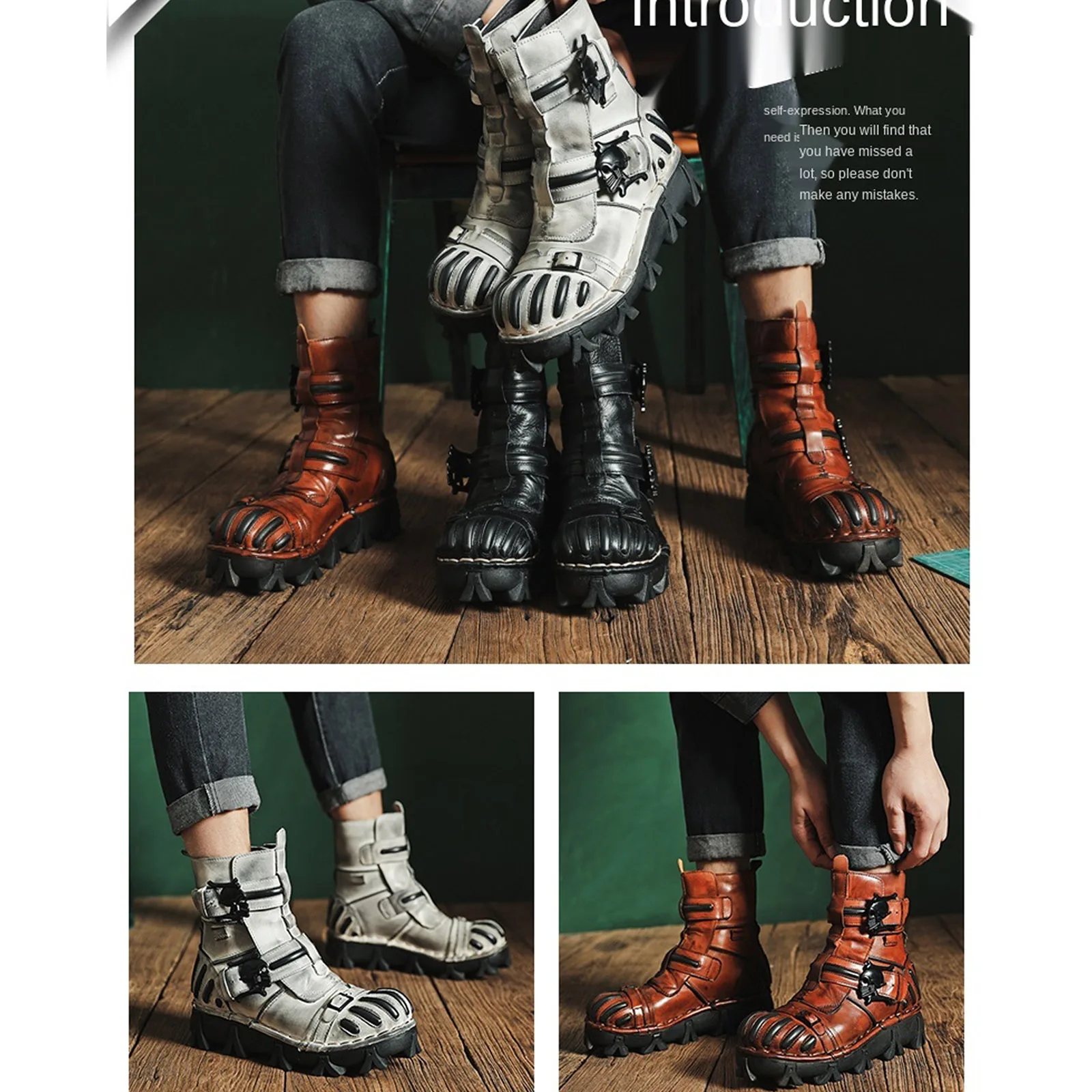 New Fashion Genuine Leather  Motorcycle Boots for Man Riding Shoes Tactical Combat Boots Goth Skull Mid-calf Boots Botas Hombre