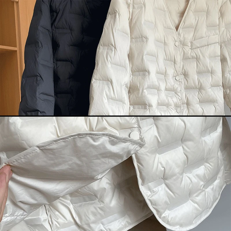 Schinteon Women Lightweight White Duck Down Jacket V-Neck Collar Autumn Winter Outwear Casual Loose Simple Coat 2025 New