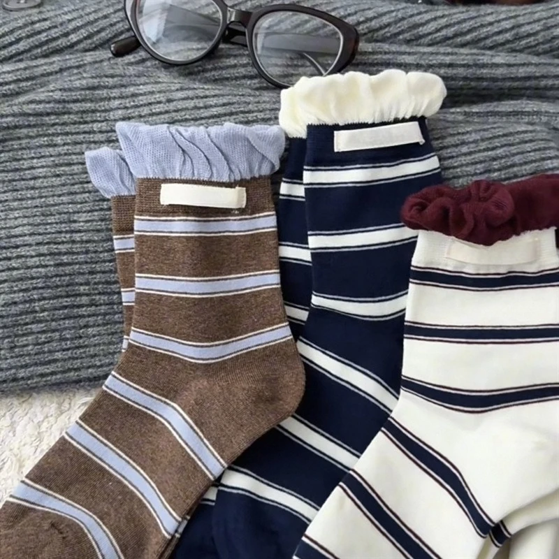 5 paires automne rayure Coquette chaussettes printemps automne coton mi-mollet ample chaussettes mode marron chaud chaussettes de haute qualité 2025