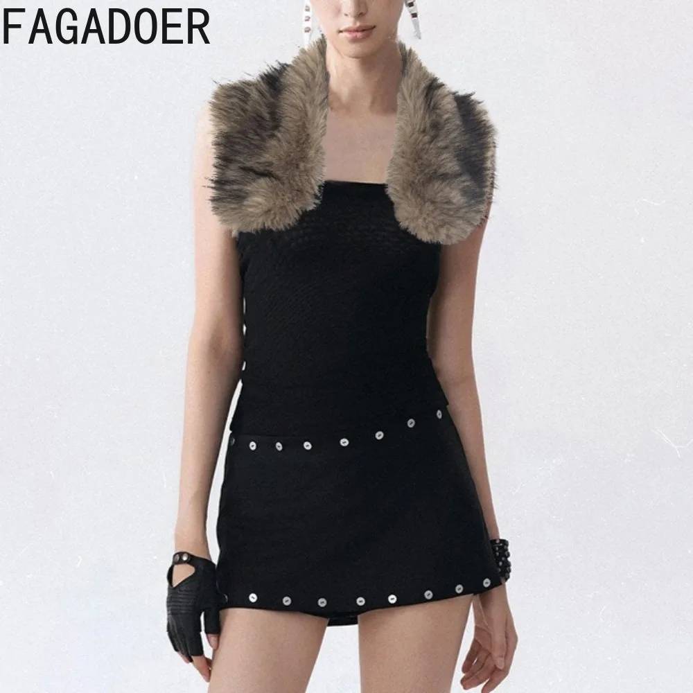 FAGADOER مثير الفراء المرقعة Bodycon تي شيرت المرأة بلون انظر من خلال عارية الذراعين التي شيرت الإناث ملابس الشارع الشهير 2025 جديد