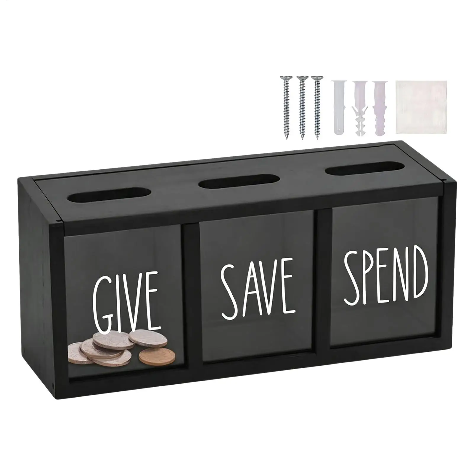 3 Grids Wall-mounted Save Spend Bank Visualized Money Saving Box Wooden Piggy Bank Give Save Spend Money Boxes for Kids Adults