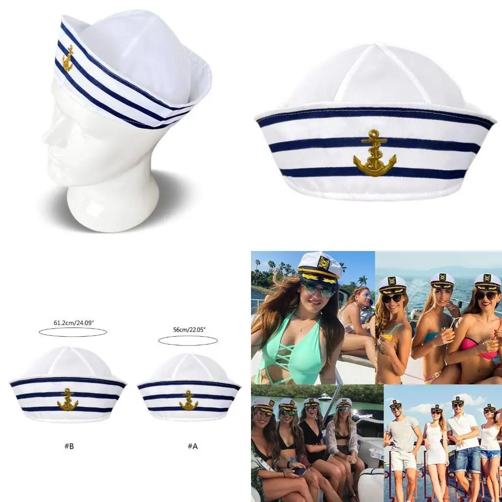 

652F Funny Sailor Hat with Roll-up White& Blue Seafaring Hat with Anchor Print Funny Cosplay Dress Hat Adult Cosplay Hat