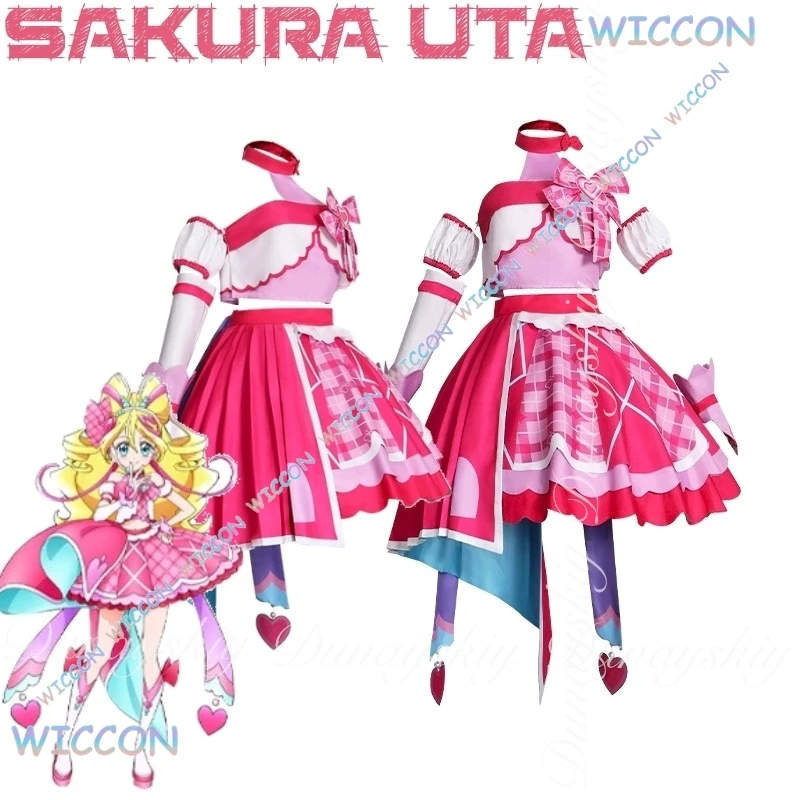 جميلة علاج أنيمي ساكورا أوتا تأثيري فتاة حية مبهجة مع شقراء طويلة شعر مستعار مجعد فستان وردي تأثيري حلي البدلة الكاملة