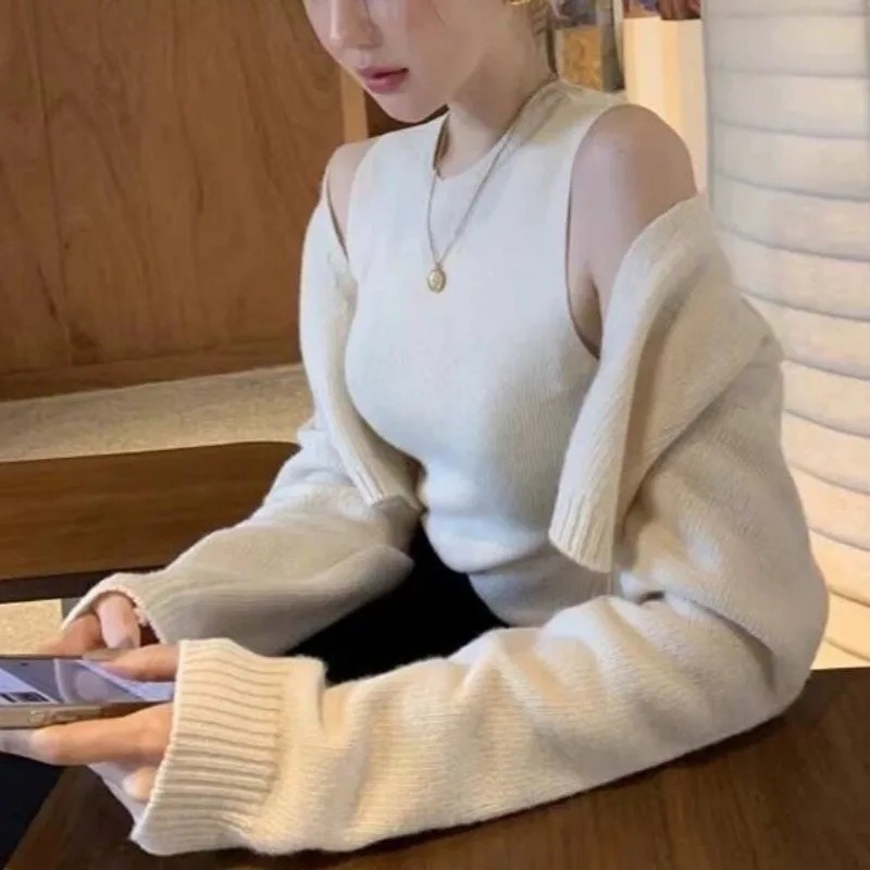 Minimalist Sets for Women Solid V-neck Cardigans Camisoles Spring Autumn Long Sleeve Soft Warm Korean Style Ins Casual New Chic