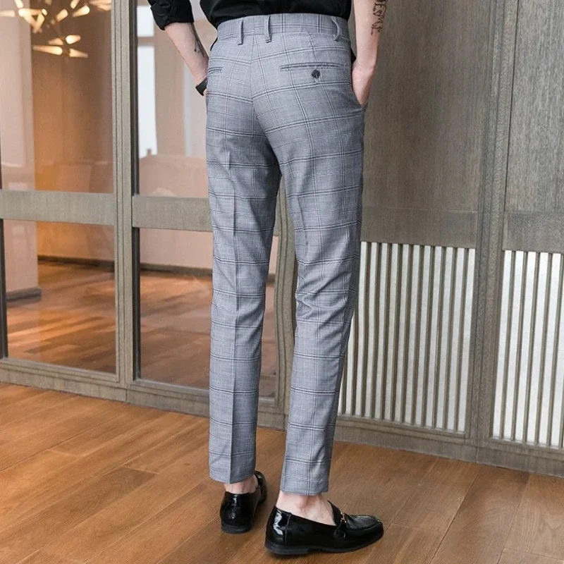 Check Draped Man Suits Pants Work Office Trousers for Men Plaid Fluid High Quality Clothes Offer Elegant Luxury Thin Casual Up