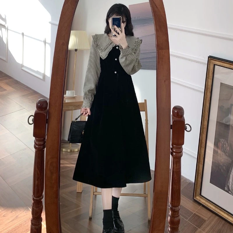 doll collar lantern long-sleeved dress 2023 spring and autumn new splicing loose yards A word casual medium-length dres