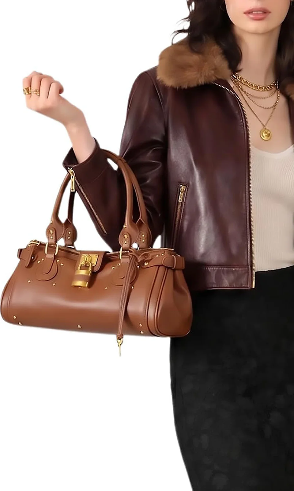 Vintage Y2K Lock Top Handle Bag für Damen, PU-Leder-Handtasche, Retro-Nieten-Unterarmtasche, Motorradtasche, Umhängetasche – Detail 1