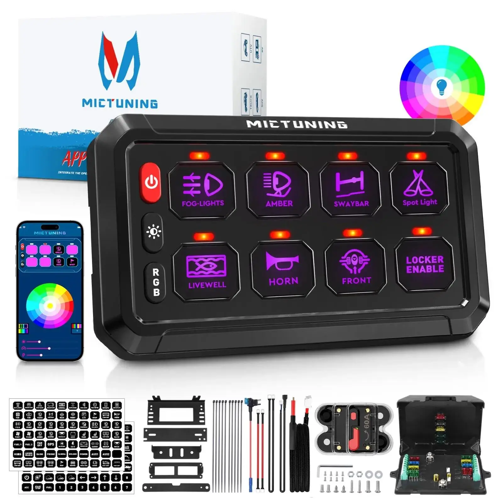 

Mictuning 8 Gang Switch Panel App Control 5.0" RGB Touch Toggle Switch, Circuit Relay System Box for Truck SUV UTV Offroad Car