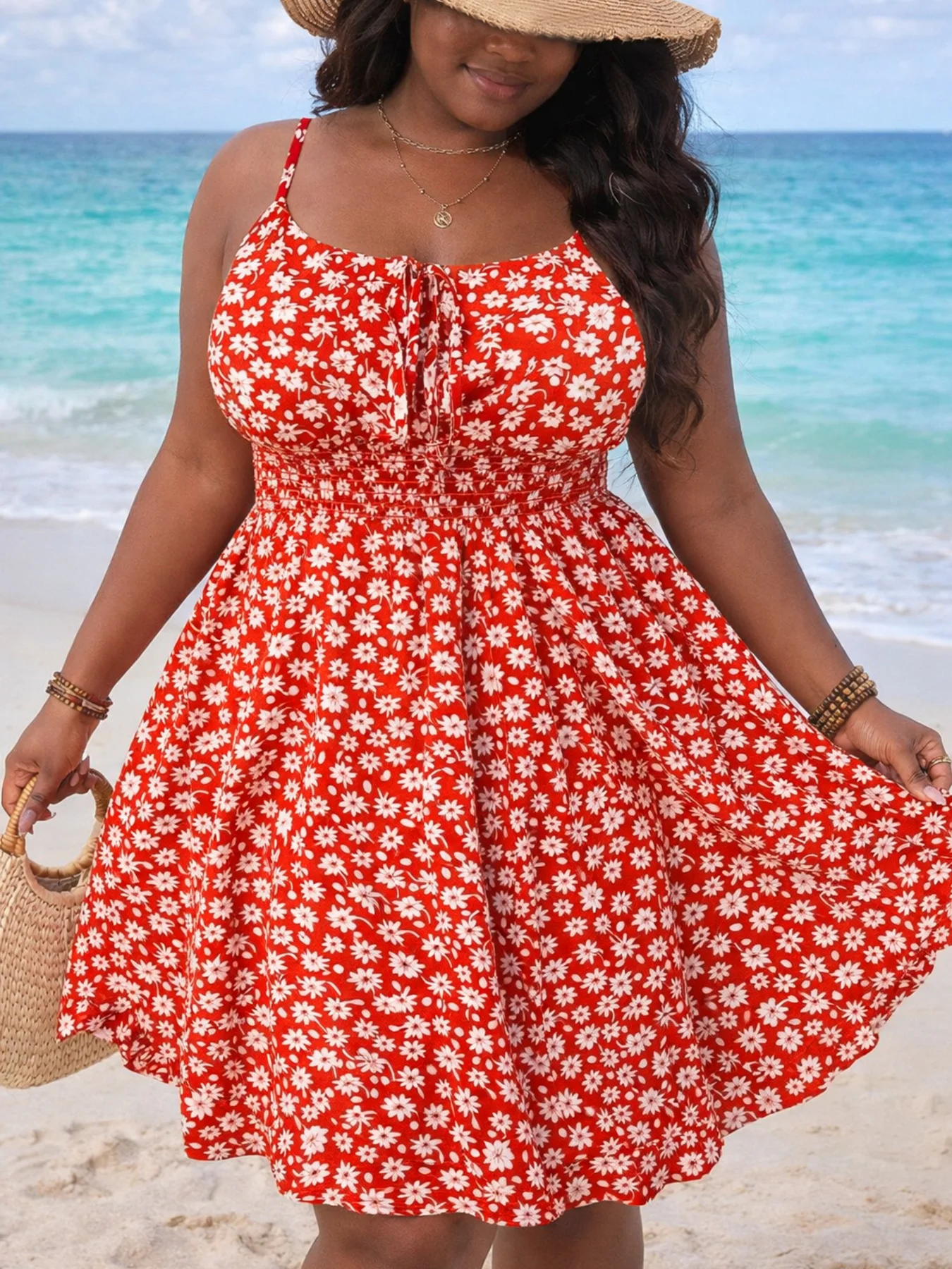 

Summer Plus Size Floral Dress Comfortable Waist Tie Lightweight A-Line Casual Sundress for Beach Picnic Travel Women Clothing