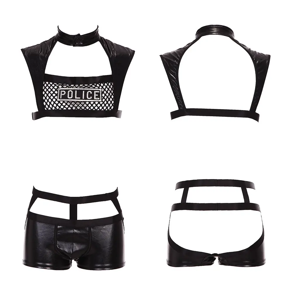 

New Fashion Men's Erotic Mesh See-through Roleplay Police Uniform Mature Male Night Club Cosplay Cap Costumes SM Lingerie Wear