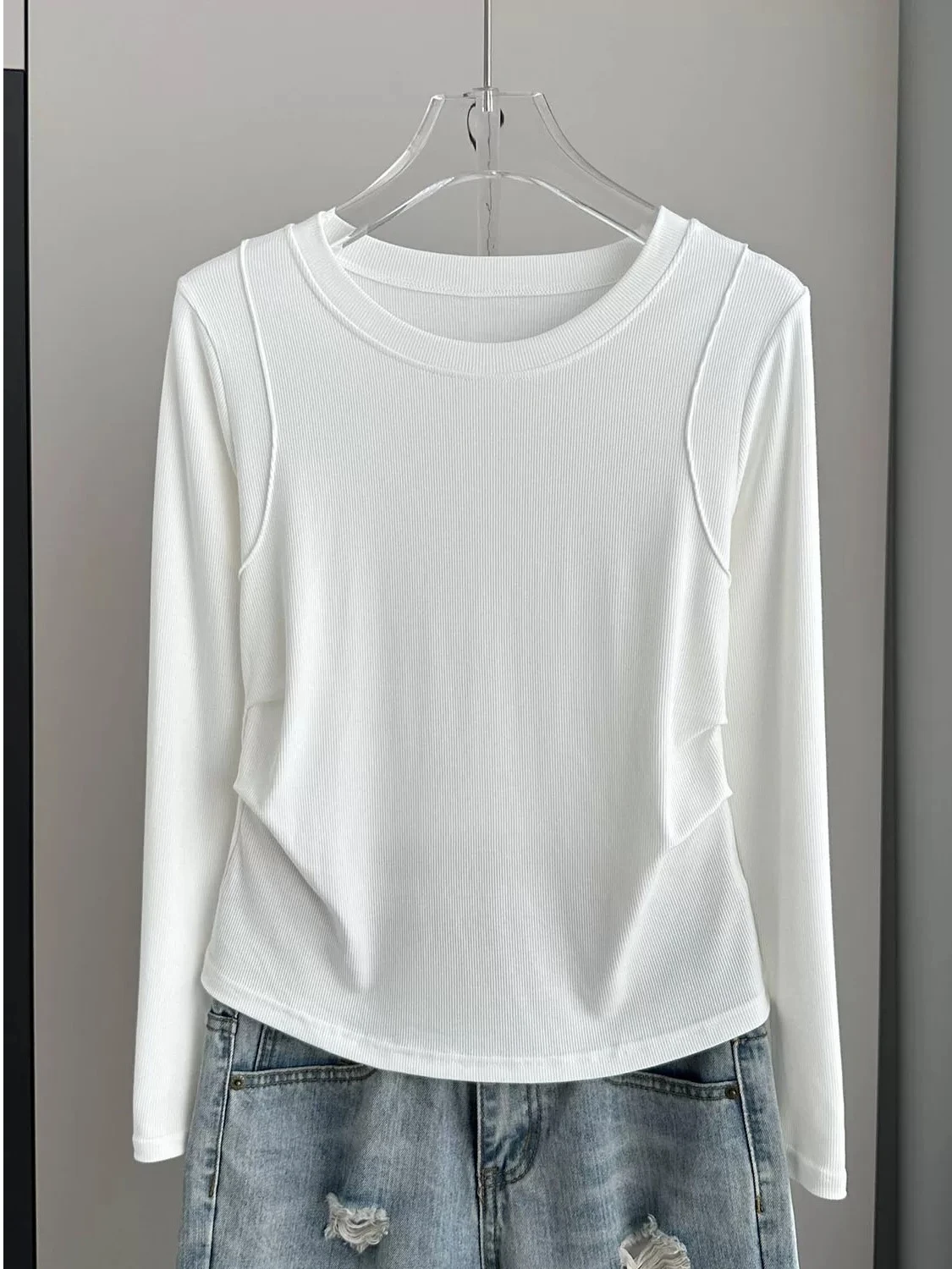 Slimming Long Sleeve round Neck T-Shirt Women's Base Layer Top Waist Cinched Folded Cotton Polyester Fiber Commute Style