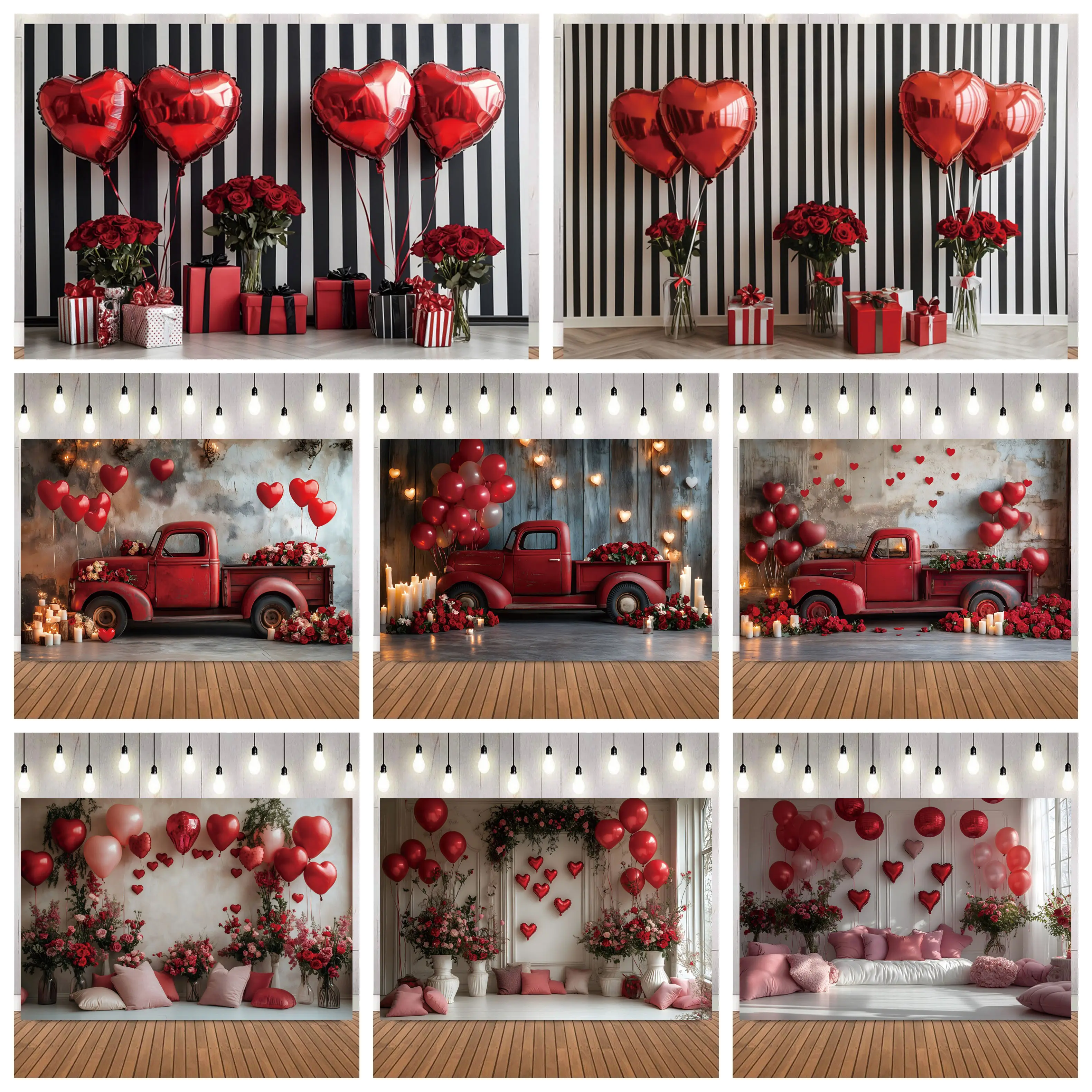 

Фон для фотосъемки ко Дню святого Валентина в форме сердца, арка, красный воздушный шар для грузовика, подарочная коробка, роза, вечерние портрет, домашний декор, фотофон