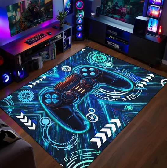 Blue Gamer Rug for Boys Room Gaming Rug Gaming Carpet Teens Boys Carpet Bedroom Living Room Playroom Gameroom Decor Floor Mats