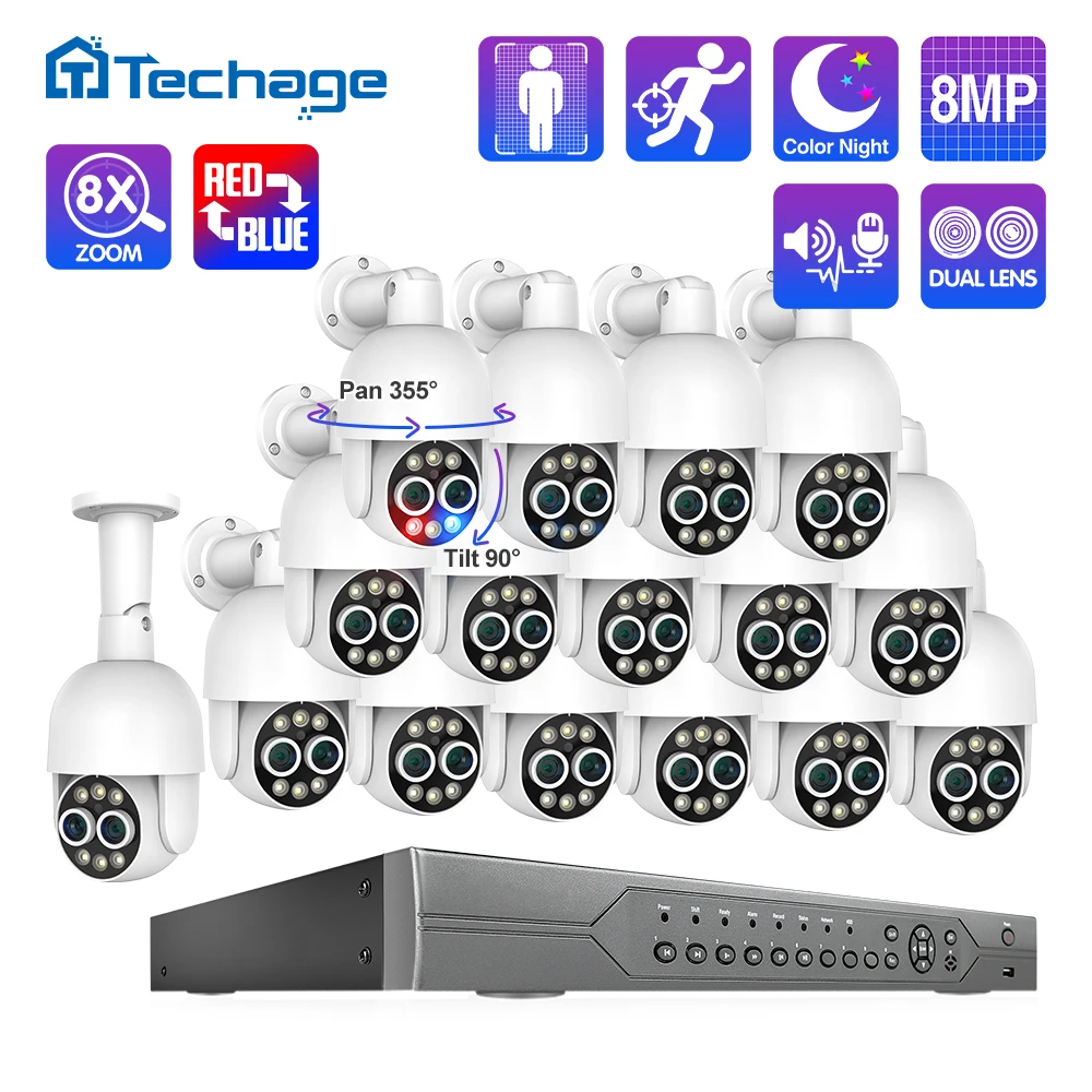 

Система видеонаблюдения Techage, 16 каналов, 8 Мп, двойной объектив, PTZ, POE, 8-кратный микс зум, автоматическое отслеживание, двусторонняя аудиосвязь