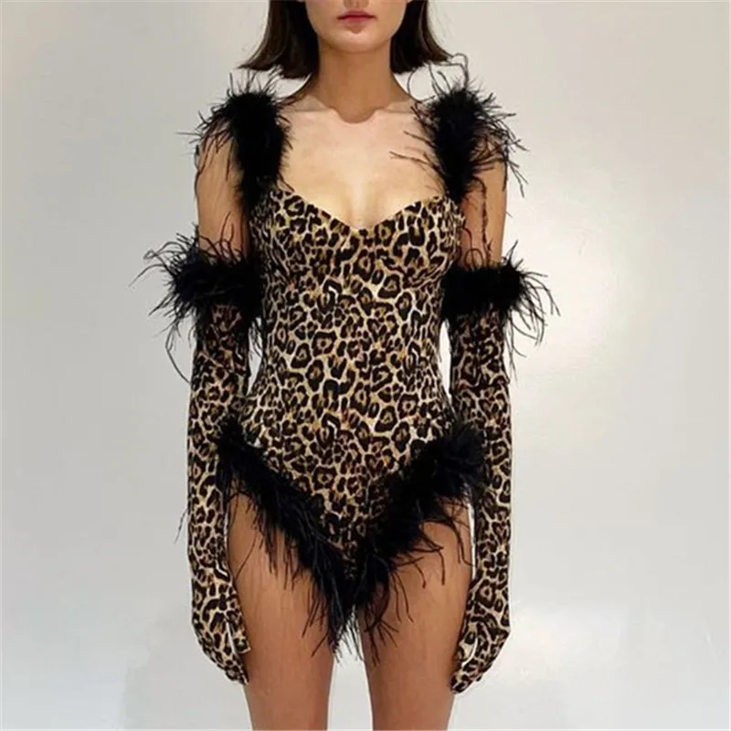 Sexy Leopard Print Bodysuit for Women, Ostrich Feather, Sleeveless Suit with Gloves Jumper Body Suit, Casual Slim Beach Jumpsuit