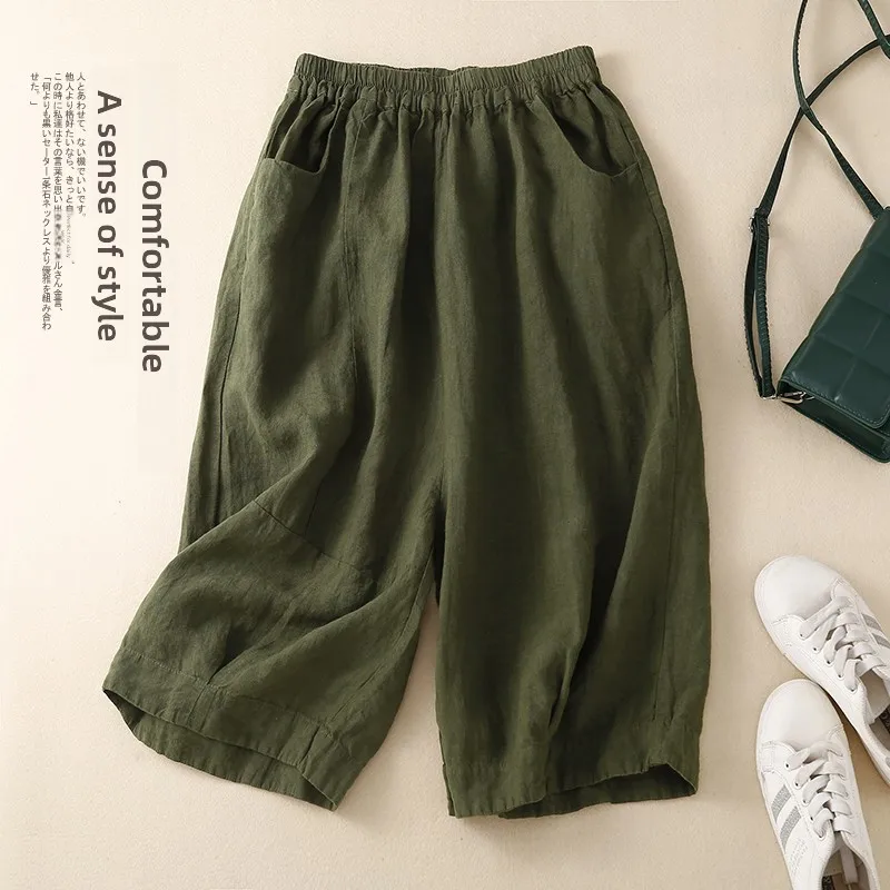 

Повседневные брюки-шаровары, женские хлопковые и льняные брюки средней длины с широкими штанинами, летние свободные брюки с высокой талией