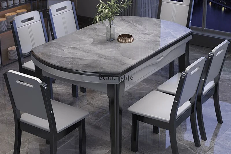 Bright rock slab dining table and chair combination multi-functional square and round dual-purpose solid wood