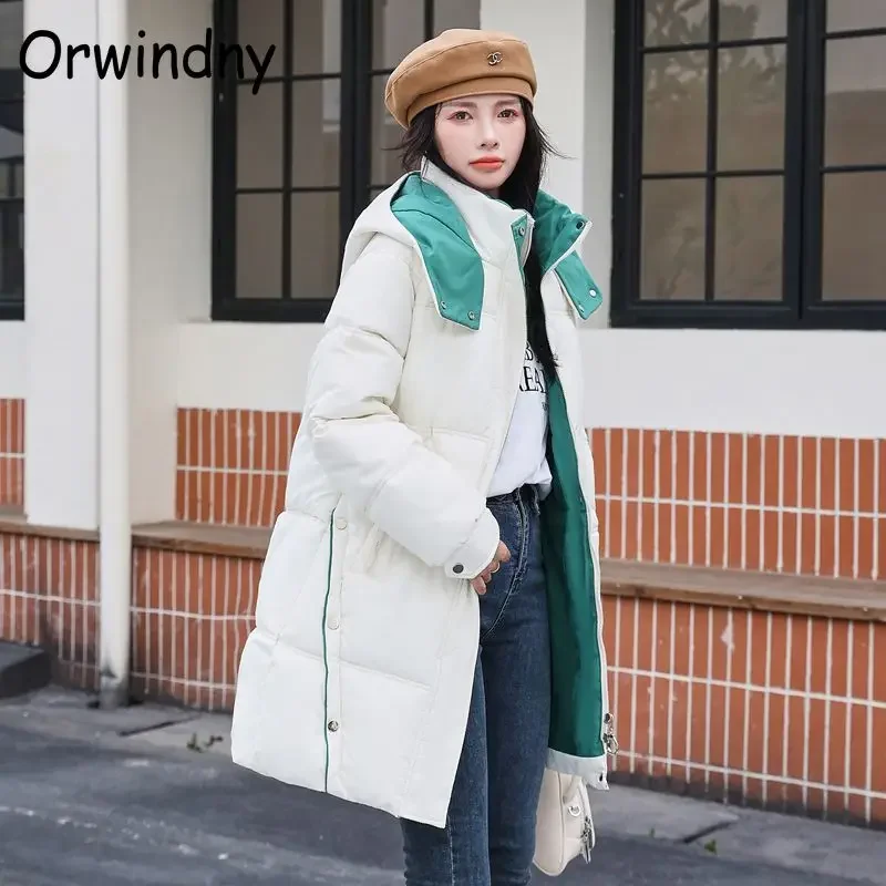 Orwindny Hooded Warm Parka Women Autumn Winter Students Cotton-padded Jacket Middle Long New Jacket Korean Padded Bread Coat.