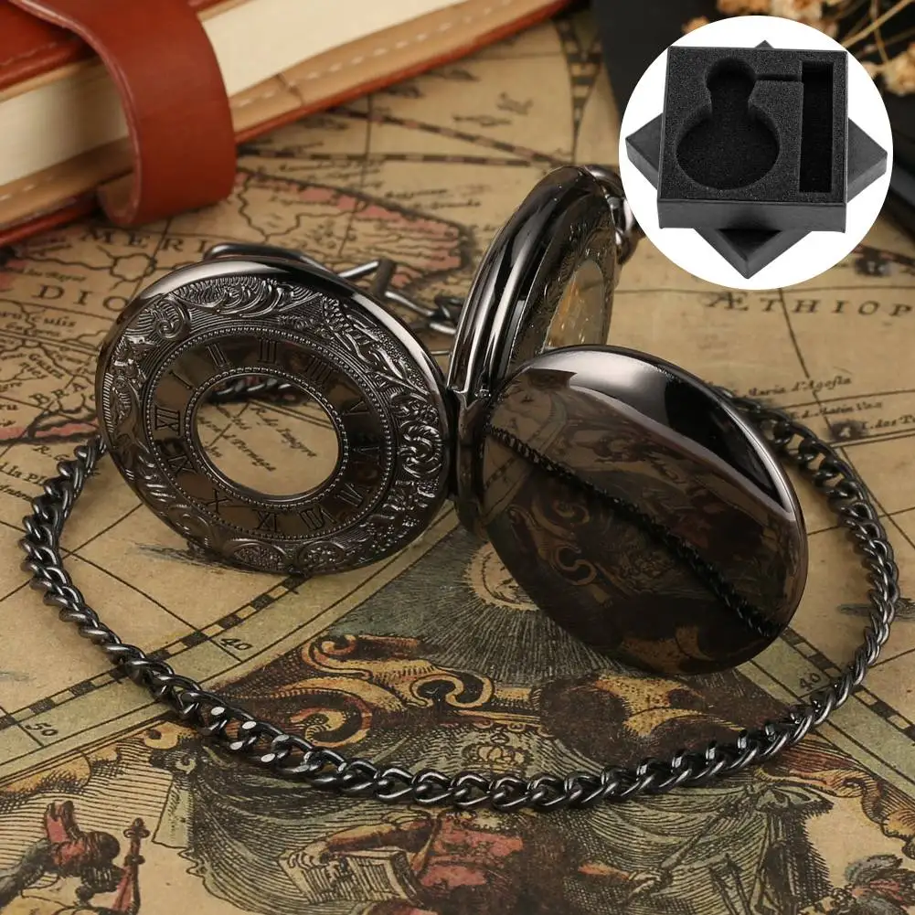 

Винтажные римские цифры, черные механические карманные часы с ручным заводом, двойной охотничий дизайн, брелок-цепочка, кулон, часы, подарок для мужчин