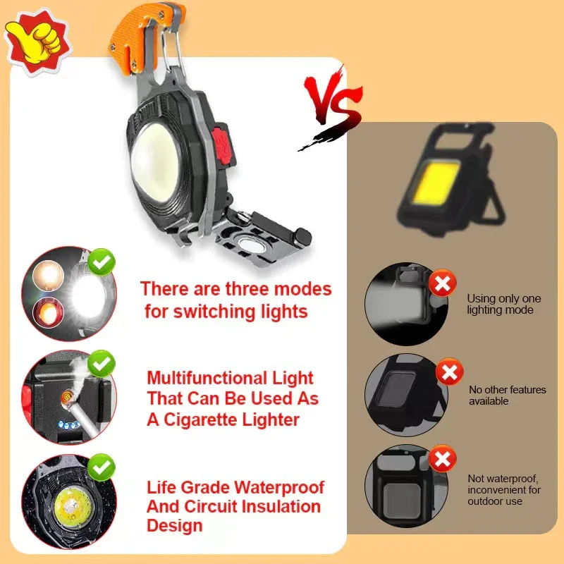 COB Work Light Keychain Flashlights 7 Light Modes,Portable Rechargeable Emergency With Folding Bracket Bottle Opener