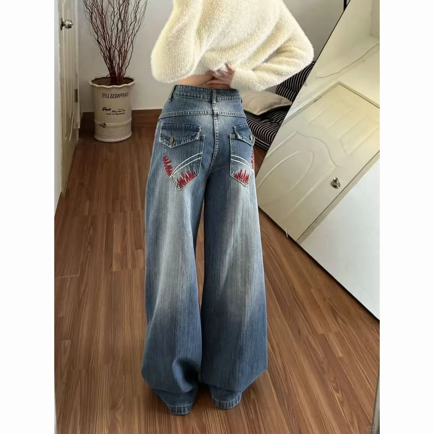 Retro American Blue Embroidered Wide Leg Jeans Women's Stud Design Loose Slimming Floor-Length Casual Long Trousers