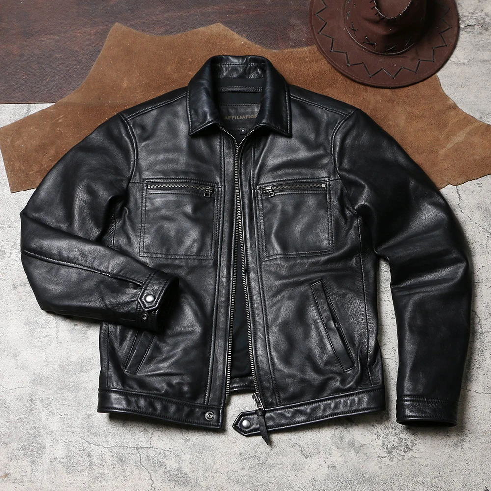 

Black Spring Leather Jacket Men Smart Casual Style Plus Size 5XL Genuine Natural Sheepskin Turn-Down Collar Leather Coat